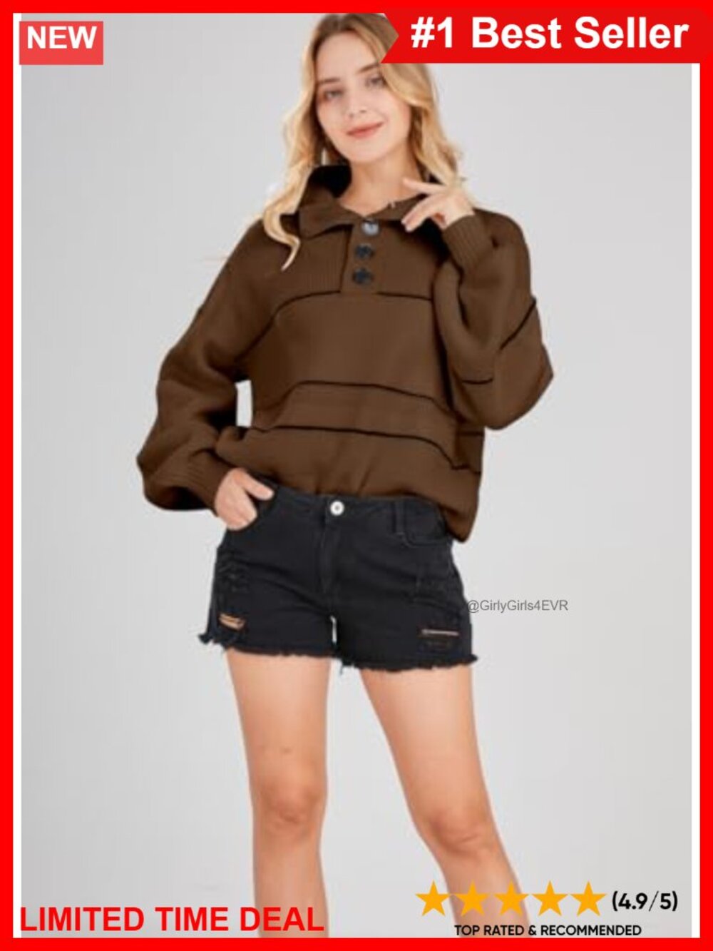Waffle Knit Sweater 1/2 Button Polo Collared Pullover Striped Slouchy Oversized - Picture 5 of 5